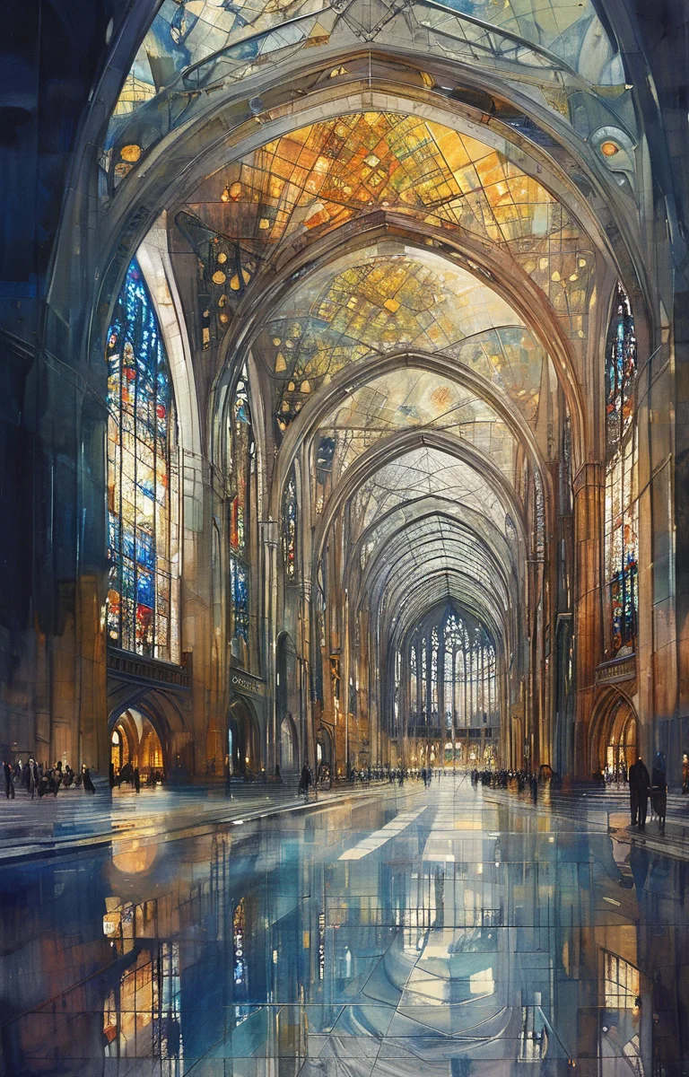 masterpiece,best quality,<lora:tbh304-sdxl:0.9>,illustration,designed by Norman Foster Gothic revival cathedral with intricate spires and stained glass windows, bathed in moonlight
