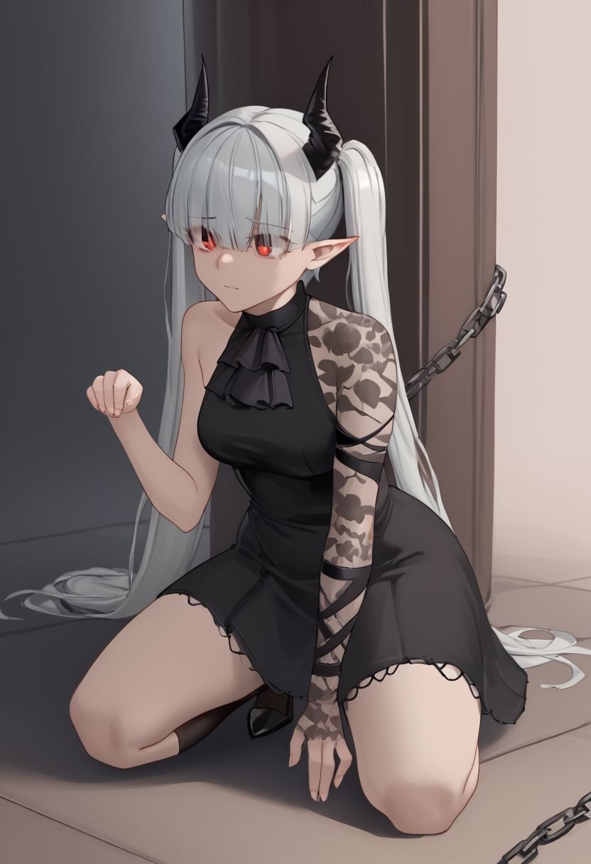 1girl, solo, nikkecrouching, full body, [kneeling/squatting/one knee], chained_sarkaz_girl, black dress, single leg pantyhose, asymmetrical clothes, patterned clothes, single sleeve, black sock, kneehigh, black footwear, high heels, black ascot, hair over eyes, eyes visible through hair, demon horns, blunt bangs, red eyes, pointy ears, pale skin, white hair, grey hair, twintails