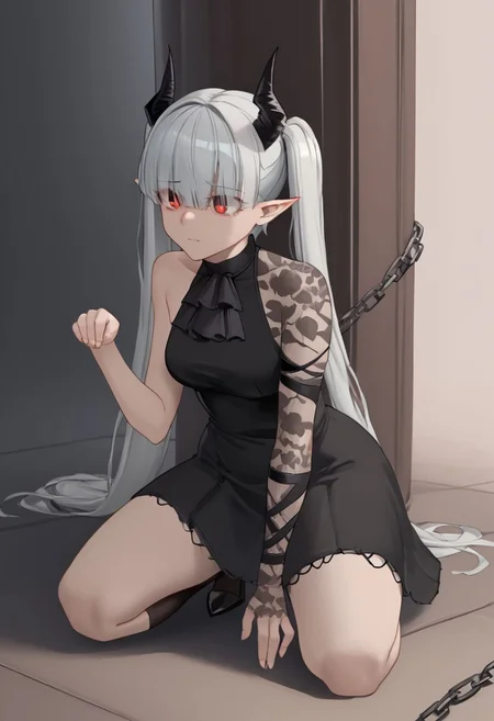 1girl, solo, nikkecrouching, full body, [kneeling/squatting/one knee], chained_sarkaz_girl, black dress, single leg pantyhose, asymmetrical clothes, patterned clothes, single sleeve, black sock, kneehigh, black footwear, high heels, black ascot, hair over eyes, eyes visible through hair, demon horns, blunt bangs, red eyes, pointy ears, pale skin, white hair, grey hair, twintails