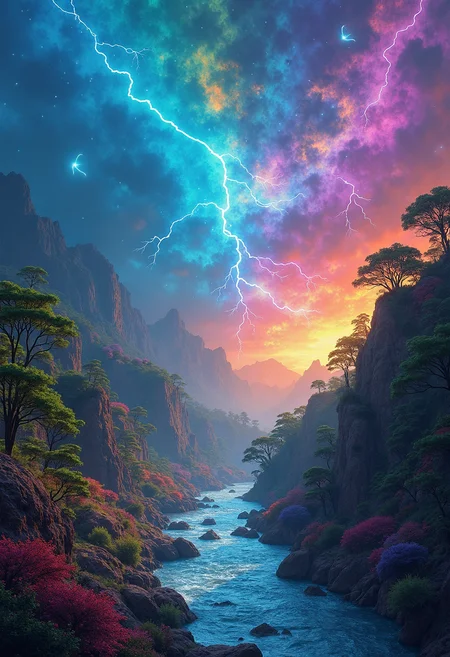 In a world where colors are alive and possess consciousness, entire ecosystems thrive through the dynamic interaction of hues and shades, creating a mesmerizing Symphony of Living Colors. The verdant green forests pulse with vibrant energy, their leaves harmonizing in melodies of growth and life. In contrast, the electric blues crackle with raw power, creating storms of living lightning that dance across the skies, illuminating the land below with bolts of conscious energy. These living colors are not just part of the environment but are intertwined with the people, known as color-benders, who can manipulate and shape the hues around them with their thoughts.
Cities in this world are living, breathing entities, with walls that shift and morph in response to emotions. These cities glow with an ever-changing palette of feelings, where sadness brings deep blues and purples, while joy sets the buildings alight with bright yellows and oranges. Rivers of liquid gold flow through the heart of these cities, shimmering beneath bridges made of sparkling silver, their surfaces alive with flickers of sentient light. The color-benders harness this living spectrum, shaping it into tools, homes, and even creating entire landscapes. The most skilled among them can summon mighty colorstorms, torrents of living, sentient color that sweep across the land and reshape both the terrain and the skies, painting the world in vibrant, unpredictable new forms.
At the core of the planet lies the Heart of the Spectrum, the entity that governs the balance of all colors in the world. It is a living embodiment of the spectrum, pulsating with every hue and shade in existence, maintaining equilibrium. Once in a lifetime, the most courageous color-benders embark on a sacred pilgrimage to seek its wisdom, hoping to gain insight into the mysteries of the living colors. This journey is fraught with peril, as the balance of colors is delicate, and those who disturb it risk unleashing chaos upon the world. Yet, for those who succeed, the Heart grants them profound knowledge and the power to shape the future of their vibrant, living world.