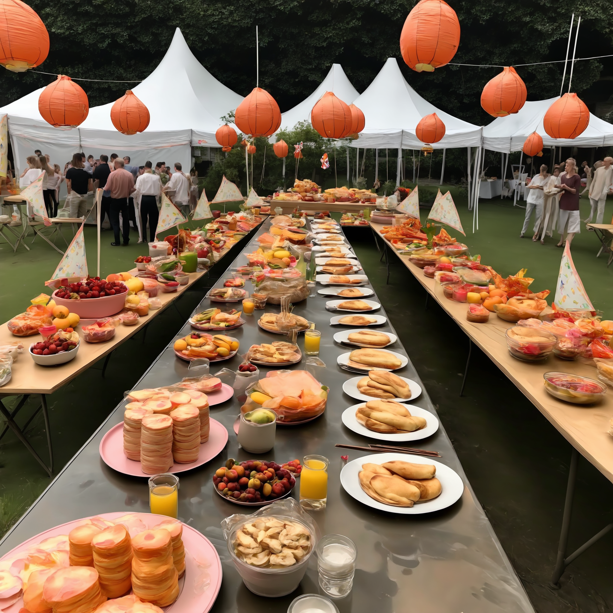 A large outdoor buffet scene, with tables laden with delicious food, snacks, flags, and adorned with hanging lanterns. The setting could be a festive gathering, garden party, or outdoor celebration, with guests mingling and enjoying the feast. The scene should be as realistic as a high-resolution photograph, with warm and inviting lighting that highlights the abundance of food and the decorative elements, creating a joyful and welcoming atmosphere,<lora:buybuy3:0.75>, BestQuality / (extremely detailed CG unity 8k wallpaper), best quality, masterpiece , hdr, best quality, ultra highres