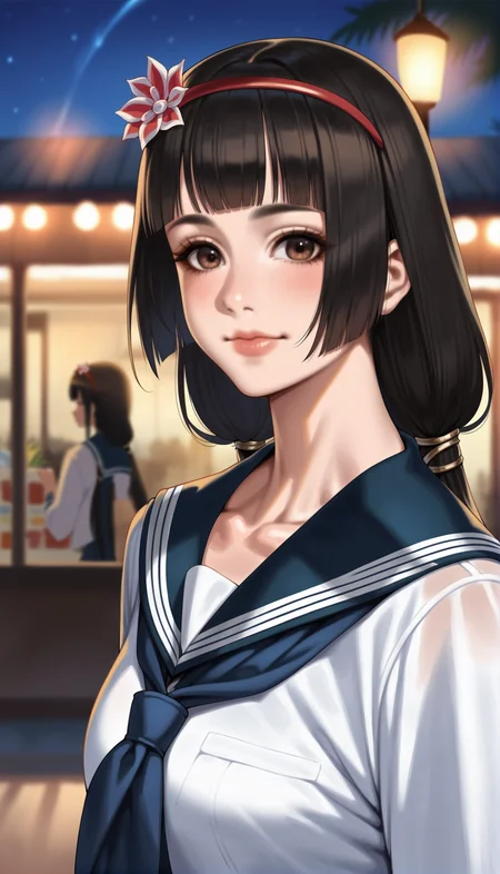 score_9,score_8_up,score_7_up,
<lora:naotoraii:1>,naotora ii,realistic,1girl,solo,
school uniform,serafuku,long sleeves,black hair,blunt bangs,long hair,low twintails,hair ornament,red hairband,golden scrunchie,white hair flower,brown eyes,looking at viewer,closed mouth,
outdoors,night,lamp,palm tree,festivale,shop,a festive scene with colorful lights strung along a wire,twinkling against a dark night sky,vignetting,blurry background,
portrait,