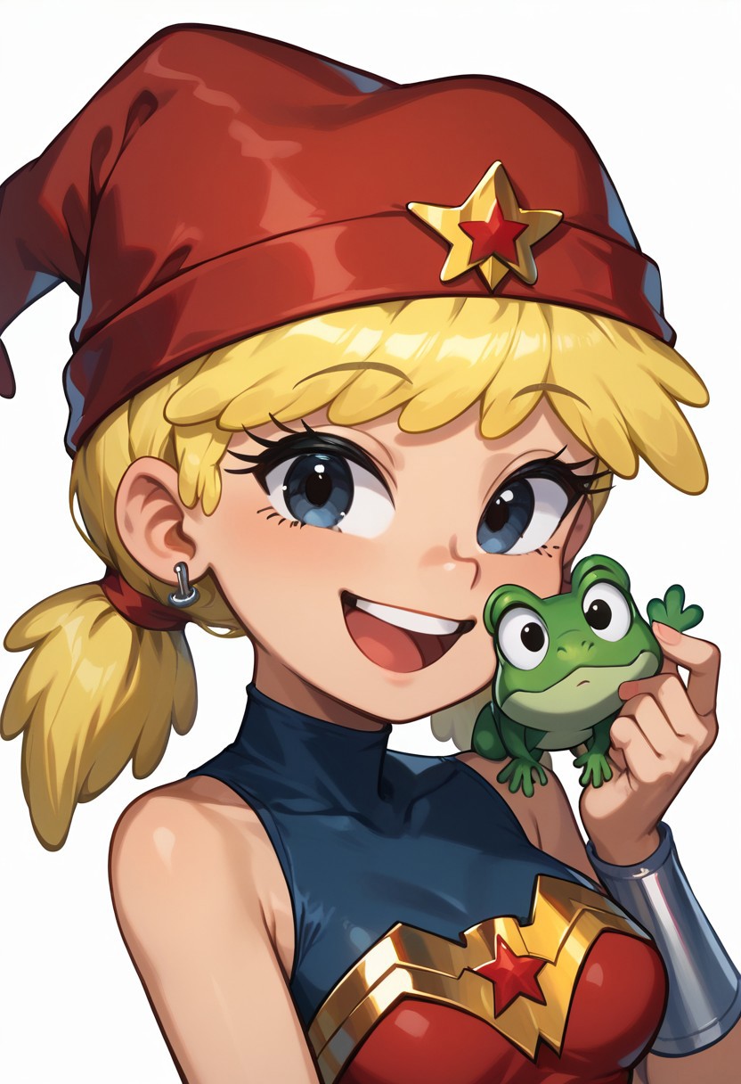 score_8_up, score_7_up, Lana Loud, 1girl, solo, cute, upper body, standing, grin, smile, open mouth, top teeth only, looking at viewer, <lora:Lana_Loud1-10_3:0.8>, tomboy, blonde hair, pigtails, red headwear, missing tooth, black eyes, posing, wonder woman cosplay, bare shoulders, tiara, earrings, medium breasts, jewelry, leotard, white background, simple background, hip sway, wide hips, hand up, holding frog, small green frog, flat color, sideview,