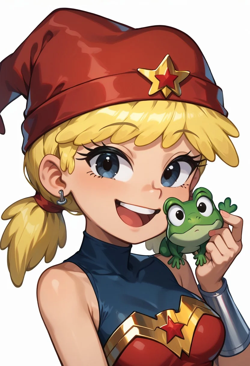 score_8_up, score_7_up, Lana Loud, 1girl, solo, cute, upper body, standing, grin, smile, open mouth, top teeth only, looking at viewer, <lora:Lana_Loud1-10_3:0.8>, tomboy, blonde hair, pigtails, red headwear, missing tooth, black eyes, posing, wonder woman cosplay, bare shoulders, tiara, earrings, medium breasts, jewelry, leotard, white background, simple background, hip sway, wide hips, hand up, holding frog, small green frog, flat color, sideview,