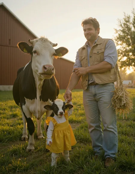 cinematic photo of A family portrait of a man, cow and calf. shyly smiling man with a guilty look on his face stands next to a cow chewing hay. A man holds the hand of a happy anthropomorphic calf with cow-like features and horns, dressed in yellow dress. farm, green grass, tree, barn, sunny weather, golden hour, romantic atmosphere <lora:Synesthesia:1> <lora:lqstyle_r15:0.6> <lora:iphone-dev-7:0.4>, 35mm photograph, film, bokeh, professional, 4k, highly detailed