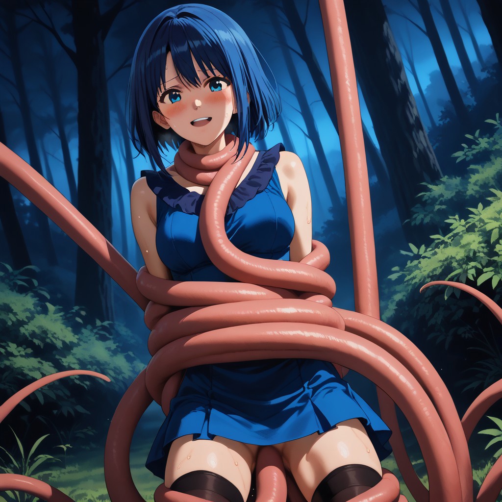 score_9, score_8_up, score_7_up,best quality,source_anime,anime screencap,official art,textile shading,animated gif,megami magazine,beautiful,1girl,perfect anatomy,((black forest,night)),aax,rating_questionable,tentacles(monster),tentacles,bdsm,restrained,bondage,tentacle wrap around breasts,((tentacle sex)),tentacle grab,cunnilingus,tentaclejob,dutch angle,caught,struggling,suspension,medium hair, blue hair, blue eyes, bangs,medium breasts, dress,sleeveless, skirt,thighhighs,((moaning)),orgasm,(((in heat,flabbergasted))),happy,blush,sweat