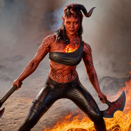 A professional photo, realistic, detailed, Karlach, red skin, horn, female, glowing eyes, holding a great axe, leather pants, fighting in flaming hell, in combat, rage movement, high quality, cinematic <lora:karlach_xl-000090:1>