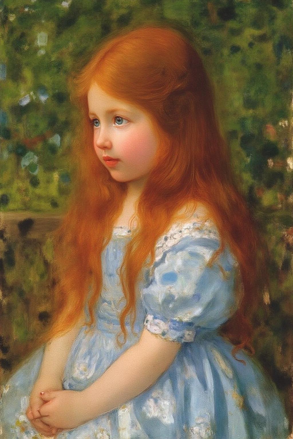 pietmondrian1 painting.
pierreaugusterenoir1. Closeup portrait of a seated young girl, shown in side profile. She has long, flowing red hair, is wearing a light blue dress adorned with lace and floral patterns. She is seated in a garden or natural setting with lush green background and is looking slightly to her left. 
 <lora:pietmondrian1_cap_d8a4e11:1.0><lora:860671903696700352:0>