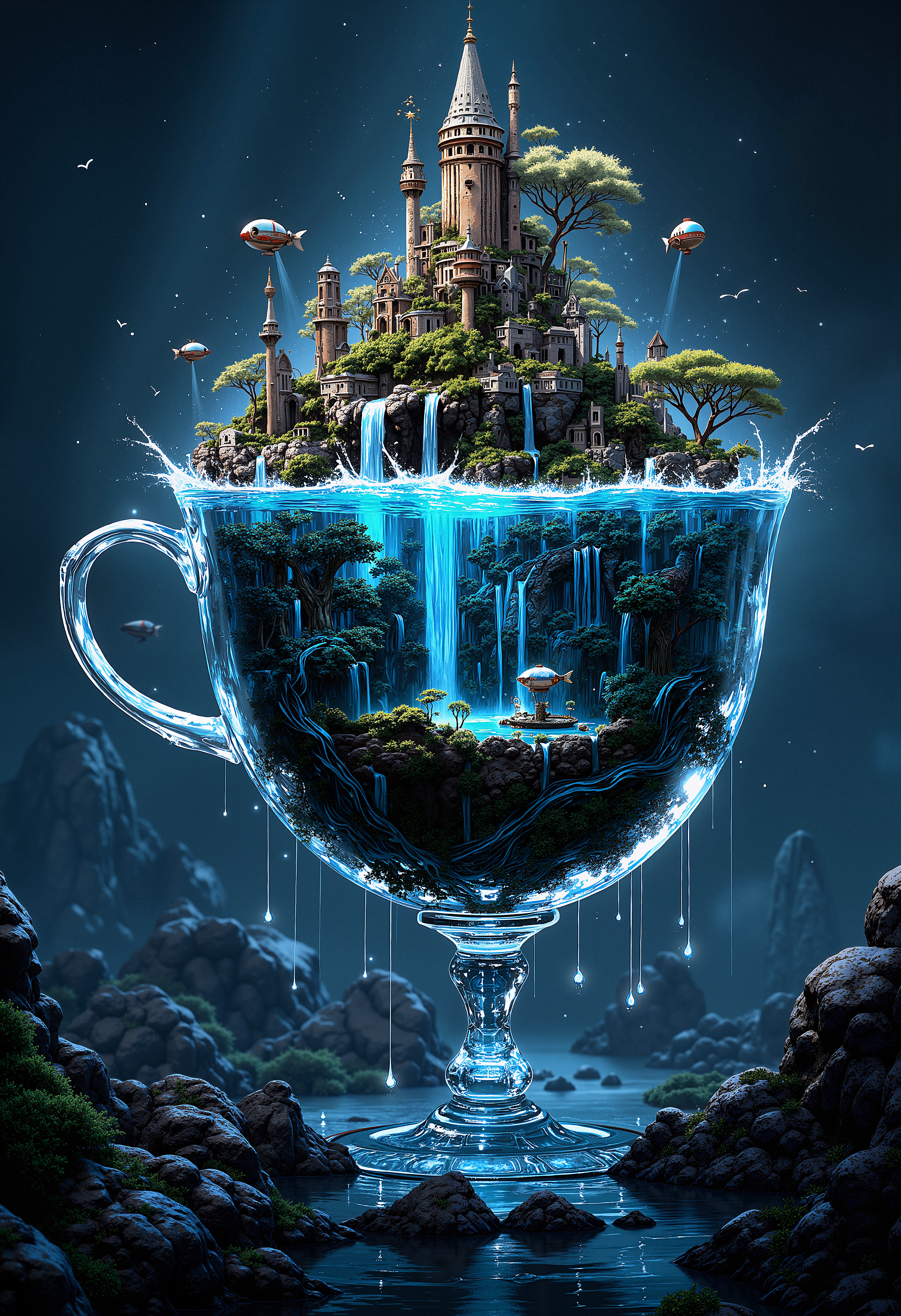 A surreal scene where a colossal teacup, made entirely of crystal, floats in the middle of a dark ocean. Inside the teacup, an entire ecosystem thrives, with miniature floating islands, glowing waterfalls, and strange alien-like plants. The water inside the teacup defies gravity, swirling upwards into the sky. Tiny airships fly around the teacup, their lights blinking in the darkness. The scene is a mixture of hyper-realism and fantasy, with intricate details on the crystal surface of the cup, and a mysterious, otherworldly atmosphere.     <lora:FluxMythP0rtr4itStyle:0.8> MythP0rt, <lora:aidmaImageUpgrader-FLUX-V0.1:0.33> detailmaximizer,