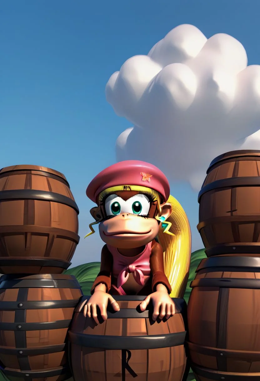 (source_furry, source_cartoon, score_9, score_8_up, score_7_up:1), solo female, dixie kong, looking to the side, feral, kong, looking at viewer, outdoors, barrels, sky, clouds, 3d, no humans