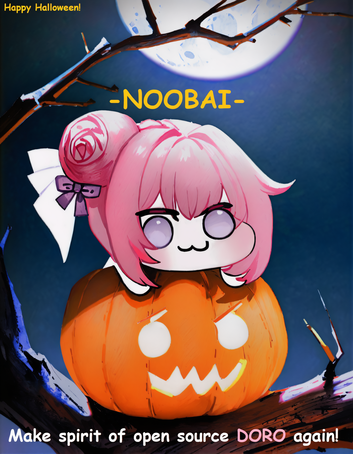 traditional media, painting \(medium\), john kafka, nixeu, quasarcake, doro, :3, chibi, no pupils, solid circle eyes, dorothy \(nikke\), pink hair, purple eyes, single side bun, hair bow, purple ribbon, jack-o'-lantern, night, moon, branch, masterpiece, best quality, very aesthetic, absurdres <lora:doro_xypher_ixl_v1:1>