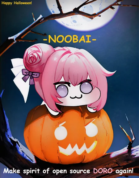 traditional media, painting \(medium\), john kafka, nixeu, quasarcake, doro, :3, chibi, no pupils, solid circle eyes, dorothy \(nikke\), pink hair, purple eyes, single side bun, hair bow, purple ribbon, jack-o'-lantern, night, moon, branch, masterpiece, best quality, very aesthetic, absurdres <lora:doro_xypher_ixl_v1:1>