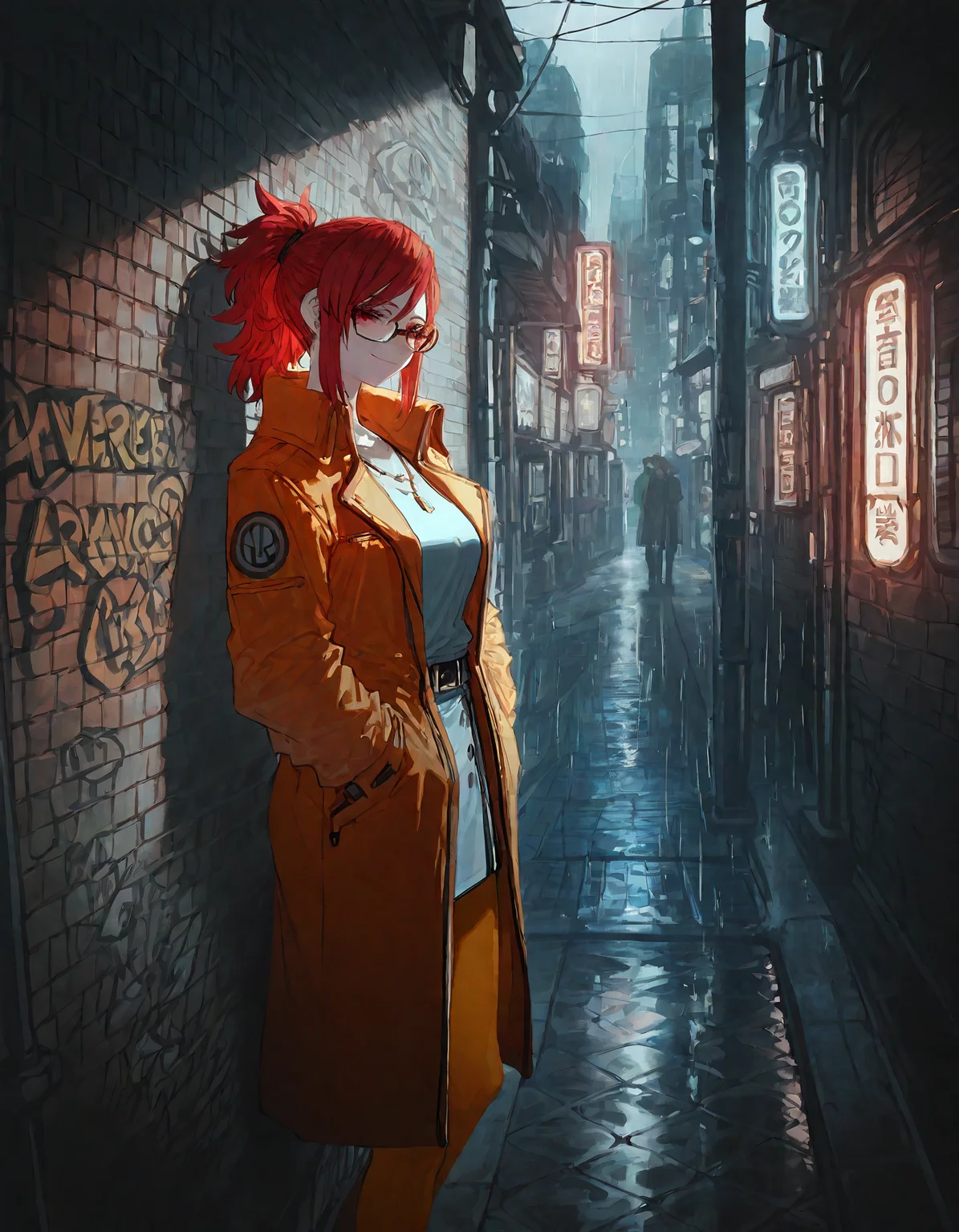 neon lights, future, futuristic city, graffiti, (rain), on a roof, indoor, windows,kabedon,pov , against_wall,
BREAK 1girl ,aozaki_touko, (zyugoya:0.8),quasarcake:0.7, Fishine, breasts ,jewelry ,light_smile ,orange long coat ,long_hair ,necklace ,parted_bangs, ponytail, red_eyes, red_hair ,ToukoAozaki, orange coat, orange pantyhose, thick pantyhose,glasses,solo, standing, looking at viewer, white jacket,
BREAK masterpiece, best quality, very aesthetic, newest, detailed background, highly detailed,absurdres, newest,highres,
<lora:ponyv5_noobE11_1_adamW:0.7> ,<lora:illustrious_noobai_epsilon_pred_11_very_aesthetic_v1:0.7> , <lora:ToukoAozakiXLpony001:0.7>, <lora:Orange_Peel:0.8>, <lora:USNR STYLE_XL_loha:0.7>, <lora:Add_more_details_V2_XLpony:0.5>