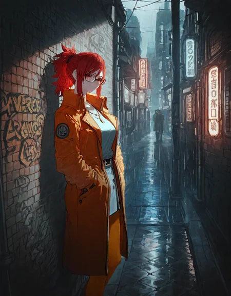 neon lights, future, futuristic city, graffiti, (rain), on a roof, indoor, windows,kabedon,pov , against_wall,
BREAK 1girl ,aozaki_touko, (zyugoya:0.8),quasarcake:0.7, Fishine, breasts ,jewelry  ,light_smile ,orange  long coat ,long_hair ,necklace ,parted_bangs, ponytail, red_eyes, red_hair ,ToukoAozaki, orange  coat, orange pantyhose, thick pantyhose,glasses,solo, standing,  looking at viewer, white jacket,
BREAK masterpiece, best quality, very aesthetic, newest,  detailed background, highly detailed,absurdres, newest,highres,
<lora:ponyv5_noobE11_1_adamW:0.7> ,<lora:illustrious_noobai_epsilon_pred_11_very_aesthetic_v1:0.7> ,  <lora:ToukoAozakiXLpony001:0.7>, <lora:Orange_Peel:0.8>, <lora:USNR STYLE_XL_loha:0.7>, <lora:Add_more_details_V2_XLpony:0.5>