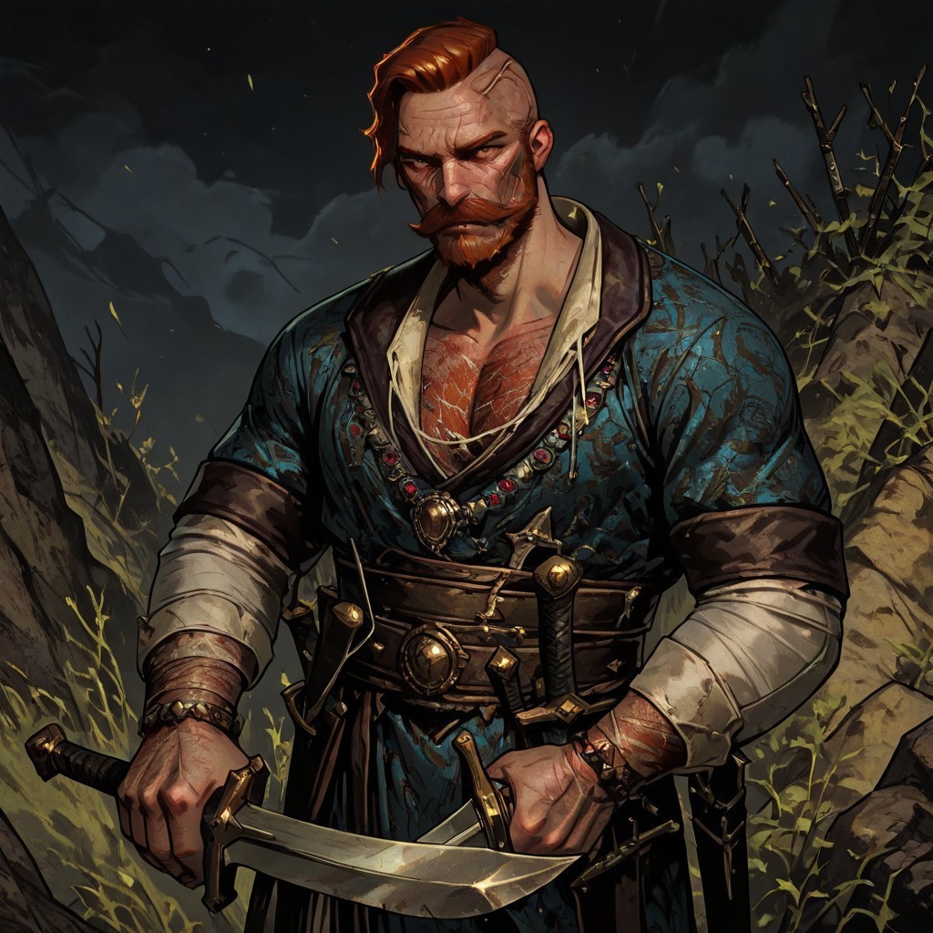masterpiece, best quality, newest, absurdres, highres, TTCSV1.0, 1boy, OVEV1.1, redhead, red hair, facial hair, mustache, beard, scar, scar on face, jewelry, manly, chest hair, sword, holding sword,