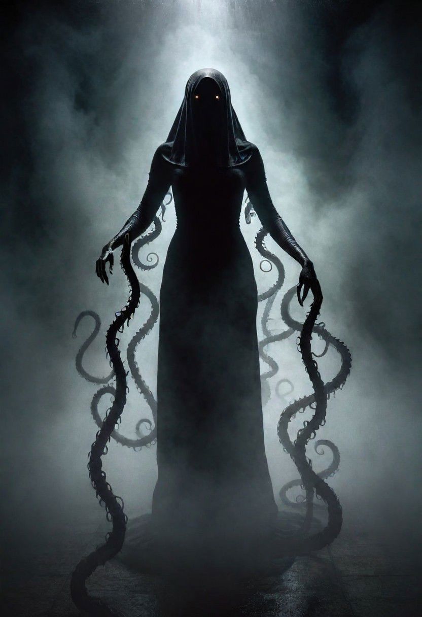 demonic, spooky, scary shadow figure woman emerging from the darkness, black and grey gradient, foggy, realistic, 8k, unreal engine, cinematic, horror, shadow tentacles, EdobHorrorLandscape