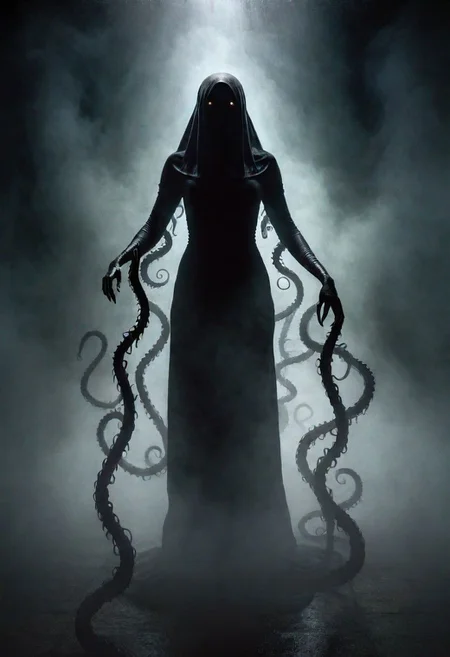 demonic, spooky, scary shadow figure woman emerging from the darkness, black and grey gradient, foggy, realistic, 8k, unreal engine, cinematic, horror, shadow tentacles, EdobHorrorLandscape