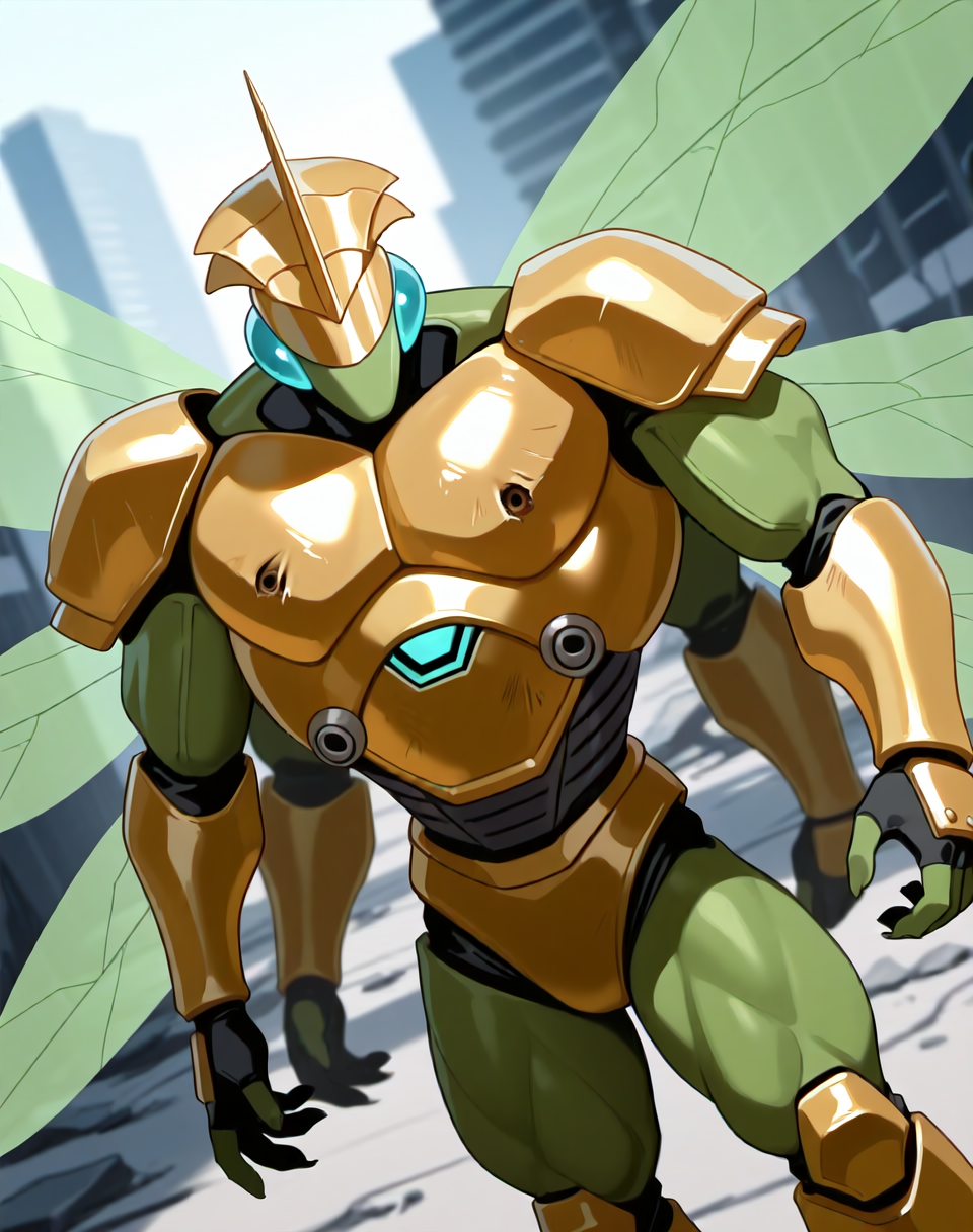 <lora:Ultimate_Katris_(Shinzo)_(Illustrious)_(AD):1.35> Ultimate Katris, muscular, mantis, Shinzo, 
((
exterior, bent leg, anime post apocalyptic city, destroyed buildings, destroyed skyscrapers, buildings laying at an angle or on the side, dutch angle, cowboy shot, 
dynamic action, insect anthro, male focus, strong warrior, manly, bounty hunter, villain, glossy gold armor, manly, masculine, perfect proportions, green body, glowing transparent wings, gold helmet, 4arms, protruding pecs, 
)), 
BREAK: very awe, aesthetically pleasing, masterpiece, best quality, amazing quality, very aesthetic, perfect depth of field shot, gradient coloring, subsurface reflections, 8K CGI render, photographic realism, 
masterpiece, best quality, amazing quality, very aesthetic, high resolution, ultra-detailed, absurdres, newest, scenery, {Prompt}, BREAK, detailed background, volumetric lighting,
BREAK: lazympos, lazypos (3),