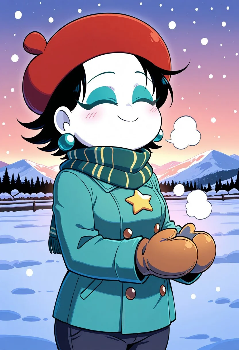 masterpiece, best quality, 1girl, solo, adeleine_KG, white skin, short hair, black hair, eyelashes, eyeliner, eyeshadow, red beret, earrings, star necklace, green coat, scarf, mittens, pants, cute face, closed eyes, happy, shivering, heavy breathing, shortstack, small breasts, steam, outdoors, dusk, snow, snowing, countryside, three-quarter view,