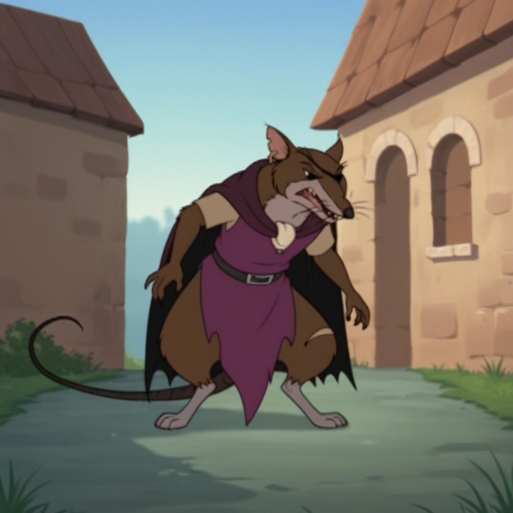 score_9, score_8_up, score_7_up, score_6_up, score_5_up, score_4_up, source_furry, ClunyRW, semi-anthro, male, rat, brown fur, jewelry, earring, purple cloak,  belt, purple tunic, short sleeves, torn clothes, eye patch, standing, outside,
