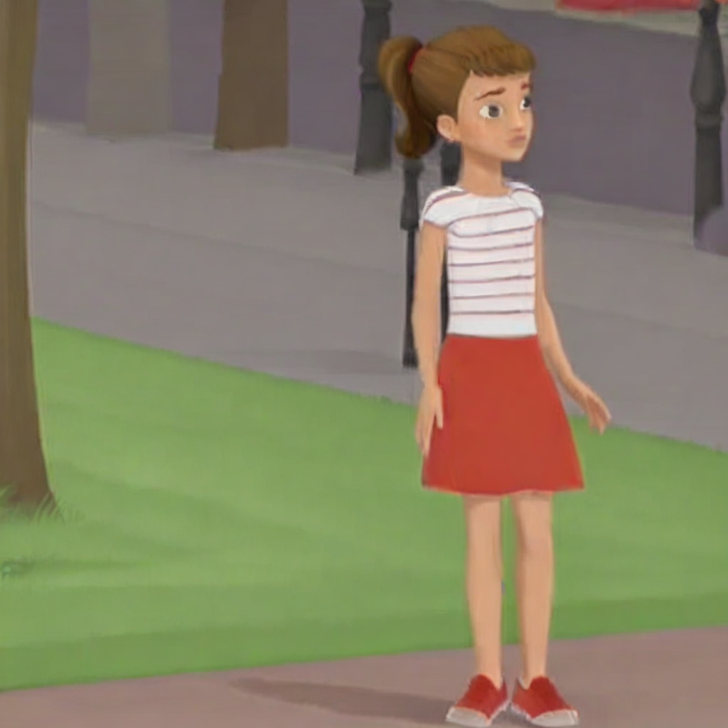 martine, 1girl, striped shirt, short hair, light brown hair, high ponytail, scrunchie, gray eyes, pink lipstick, red skirt, short skirt, red footwear, slender legs, short sleeves, red sneakers,  skinny, shorty, undersized, flat chested,