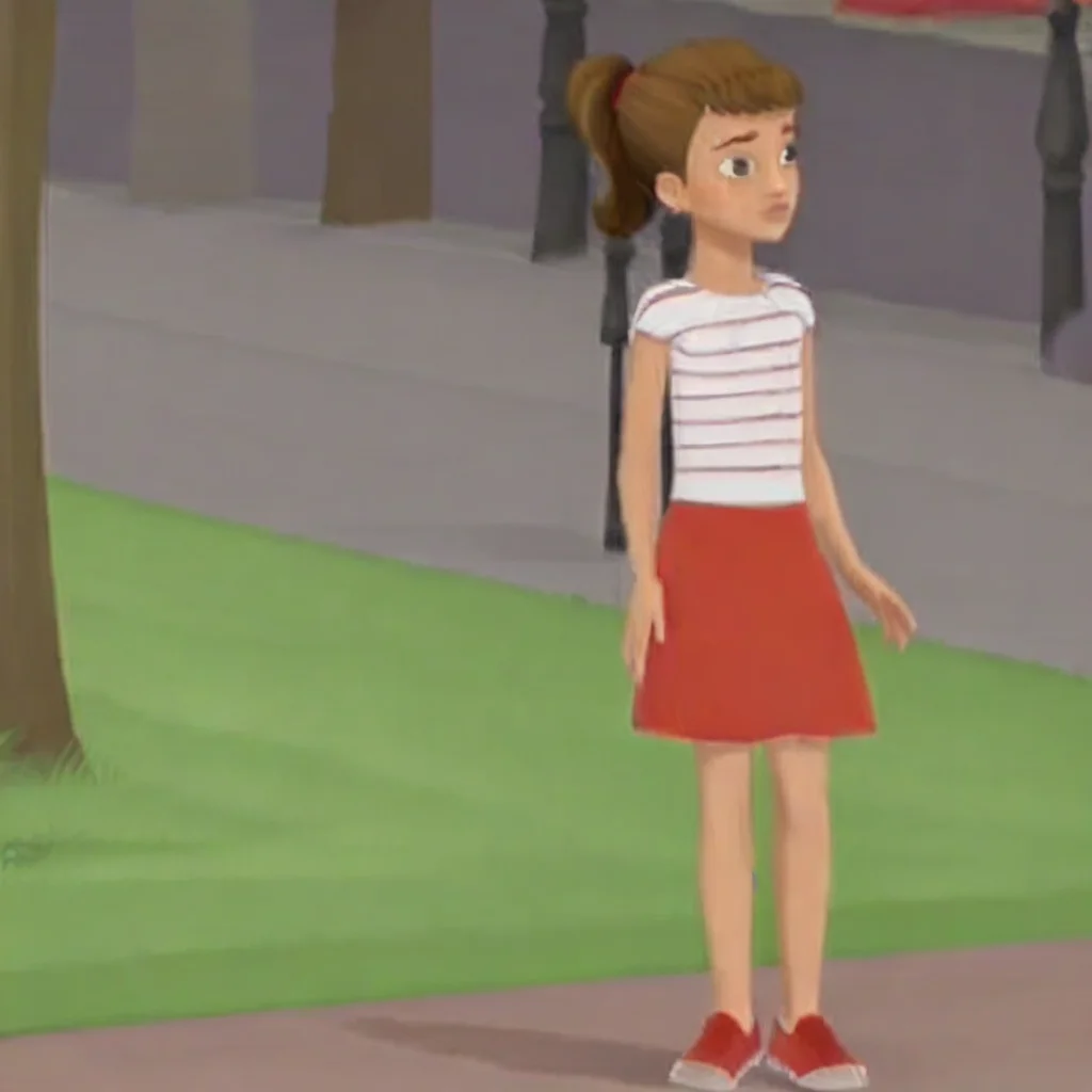 martine, 1girl, striped shirt, short hair, light brown hair, high ponytail, scrunchie, gray eyes, pink lipstick, red skirt, short skirt, red footwear, slender legs, short sleeves, red sneakers, skinny, shorty, undersized, flat chested,