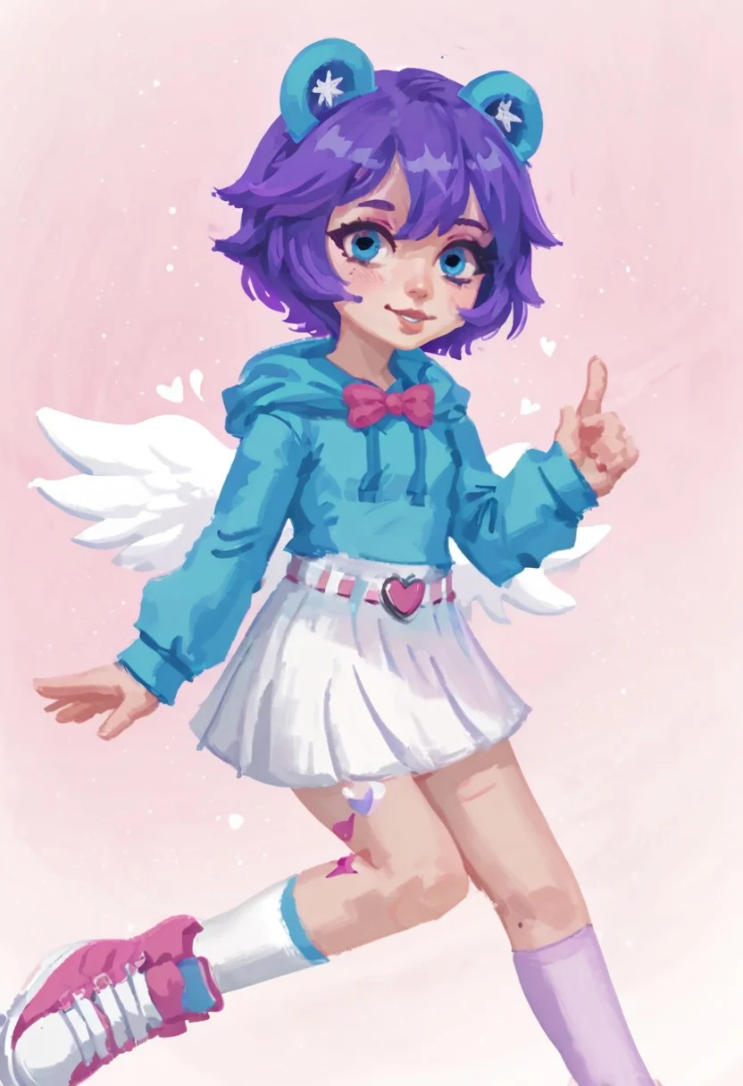 score_9, score_8_up, score_7_up, lineless, realistic
1girl, solo, Adult girl, art, purple hair, bob haircut, blue frog ears, Blue eyes, turquoise hoodie, Belt with a pink heart, white wings, pink bow, white skirt, checker on the leg, White stocking, pink boots with teddy bears