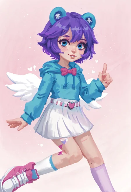 score_9, score_8_up, score_7_up, lineless, realistic
1girl, solo, Adult girl, art, purple hair, bob haircut, blue frog ears, Blue eyes, turquoise hoodie, Belt with a pink heart, white wings, pink bow, white skirt, checker on the leg, White stocking, pink boots with teddy bears
