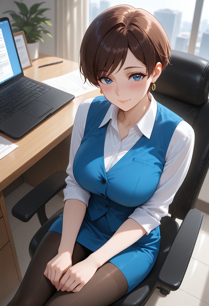 ((high quality)), ((high resolution)), ((incredibly detailed)), detailed background, masterpiece,  natural lighting, dynamic angle, indoors, office, desk, laptop, office chair, 1woman, mature, white blouse, blue vest, blue mini skirt, pantyhose, working, sitting on chair, perfect face, perfect blue eyes, middle breasts, detailed brown pixie cut, swept bangs, earring, soft smile, blush,