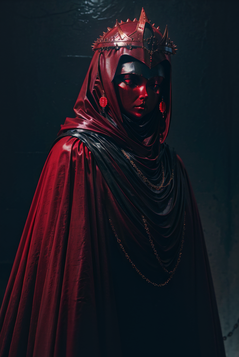 close up, upper body, red theme, dark theme,1girl,earrings,jewelry,chain,spike,armor,helmet,cloak,hood up,robe, cinematic lighting, chiaroscuro, hires, volumetric lighting, highly detailed background, masterpiece, <lora:add_detail:0.4> <lora:hairdetailer:0.5>  <lora:cultiste:1>