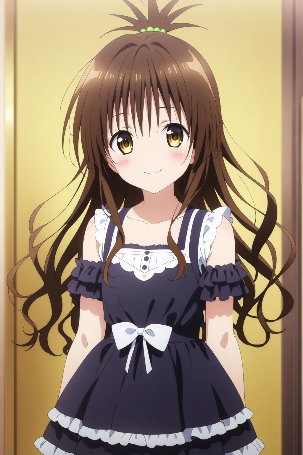 1girl, yuuki mikan, to love-ru, brown hair, yellow eyes, hair ornaments, long hair, topknot, wavy hair, small breasts, anime coloring, smiling, blush, looking at viewer, dress,
masterpiece, best quality, very aesthetic, absurdres, <lora:Yuuki_Mikan_v1_Pony:1>