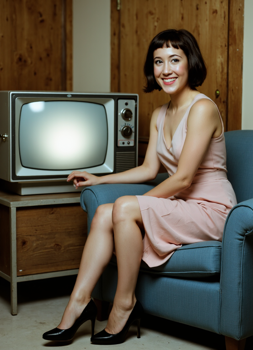 SFW, brightly lit, The image shows a woman sitting on a blue armchair in front of an old-fashioned television. The television is turned on and the screen is turned off. The woman is wearing a pink dress and black high heels. She has e hair styled in a short bob and is smiling at the camera. The background shows a wooden door and a beige wall. The overall mood of the image is vintage and nostalgic., aidmaimageupgrader<lora:flux\custom\celebrity\vanessa-carlton.safetensors:1.05:1.05> <lora:flux\turbo-8-step-flux.safetensors:0.5:0.5> <lora:flux\style\Common\aidmaImageUprader-FLUX-v0.3.safetensors:0.25:0.25>