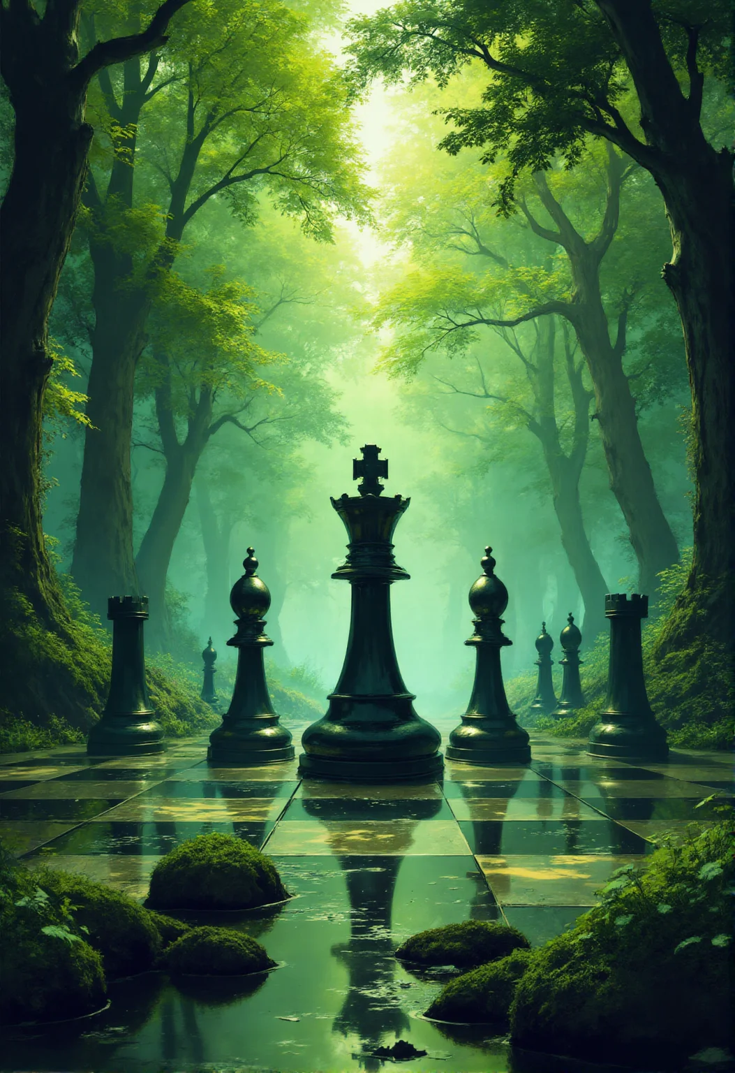 ethereal fantasy concept art of  A grand chessboard set in an enchanted forest, featuring life-sized chess pieces that come to life. The black queen stands majestically at the center of the board, exuding an aura of power and elegance, surrounded by galloping knights and towering rooks. Lush greenery envelops the scene, with dappled sunlight filtering through the trees, casting playful shadows. Magical sparkles float in the air, enhancing the whimsical atmosphere. Inspired by the fantastical styles of Lewis Carroll and the vibrant colors of Claude Monet, merging fantasy and nature for a captivating visual experience.
 <lora:DarksunRIDDV3:1>  <lora:Elden_Ring_-_Yoshitaka_Amano:1>, magnificent, celestial, ethereal, painterly, epic, majestic, magical, fantasy art, cover art, dreamy