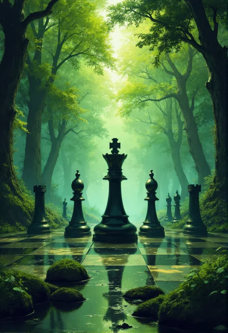 ethereal fantasy concept art of A grand chessboard set in an enchanted forest, featuring life-sized chess pieces that come to life. The black queen stands majestically at the center of the board, exuding an aura of power and elegance, surrounded by galloping knights and towering rooks. Lush greenery envelops the scene, with dappled sunlight filtering through the trees, casting playful shadows. Magical sparkles float in the air, enhancing the whimsical atmosphere. Inspired by the fantastical styles of Lewis Carroll and the vibrant colors of Claude Monet, merging fantasy and nature for a captivating visual experience.
<lora:DarksunRIDDV3:1> <lora:Elden_Ring_-_Yoshitaka_Amano:1>, magnificent, celestial, ethereal, painterly, epic, majestic, magical, fantasy art, cover art, dreamy