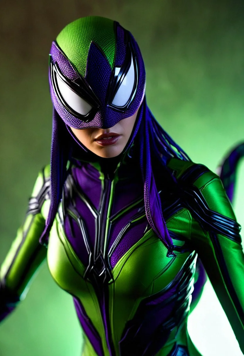 A young woman, hyper-realistic, with intricate, eerie Venom-inspired Vespid attire, adorned with dark, metallic accents and eerie, pulsing green undertones, set against a muted, high-contrast background, with soft, cinematic lighting casting deep shadows, emphasizing her determined expression, in a tight, close-up crop, with a shallow depth of field, blurring the edges of her dark, wispy hair.