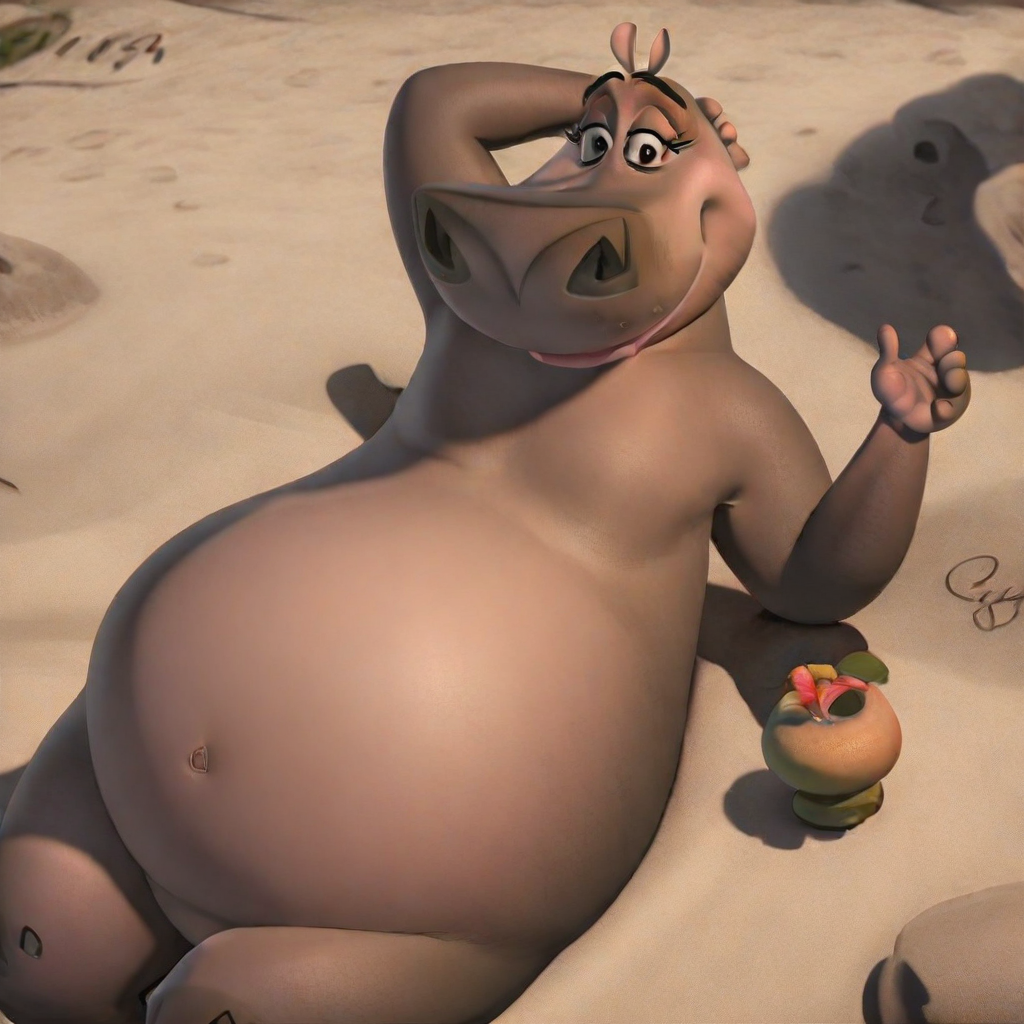 Gloria(character), hippo, female, plump, anthro, Smile, solo, outside, tropical beach, on knees, on arm behind head, on hand touch the ground, sand, armpit,