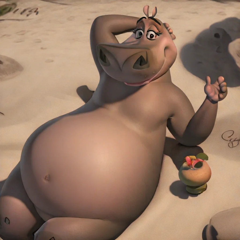 Gloria(character), hippo, female, plump, anthro, Smile, solo, outside, tropical beach, on knees, on arm behind head, on hand touch the ground, sand, armpit,