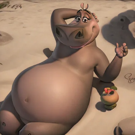 Gloria(character), hippo, female, plump, anthro, Smile, solo, outside, tropical beach, on knees, on arm behind head, on hand touch the ground, sand, armpit,