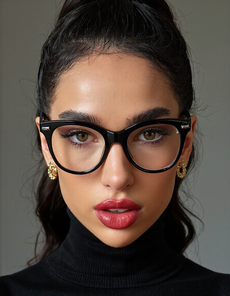A striking portrait of a fierce woman with piercing eyes and bold, direct eye contact. She wears natural-looking brick-red lipstick and large, avant-garde glasses. The composition embodies a high-fashion editorial aesthetic, blending ethereal beauty with dramatic shadows and luxurious fashion details. The zoomed-out perspective places the subject in 30% of the frame, leaving ample negative space around her head for a modern, minimalist feel. The subtle 3D effect enhances the visual depth, creating a captivating and dynamic image.
