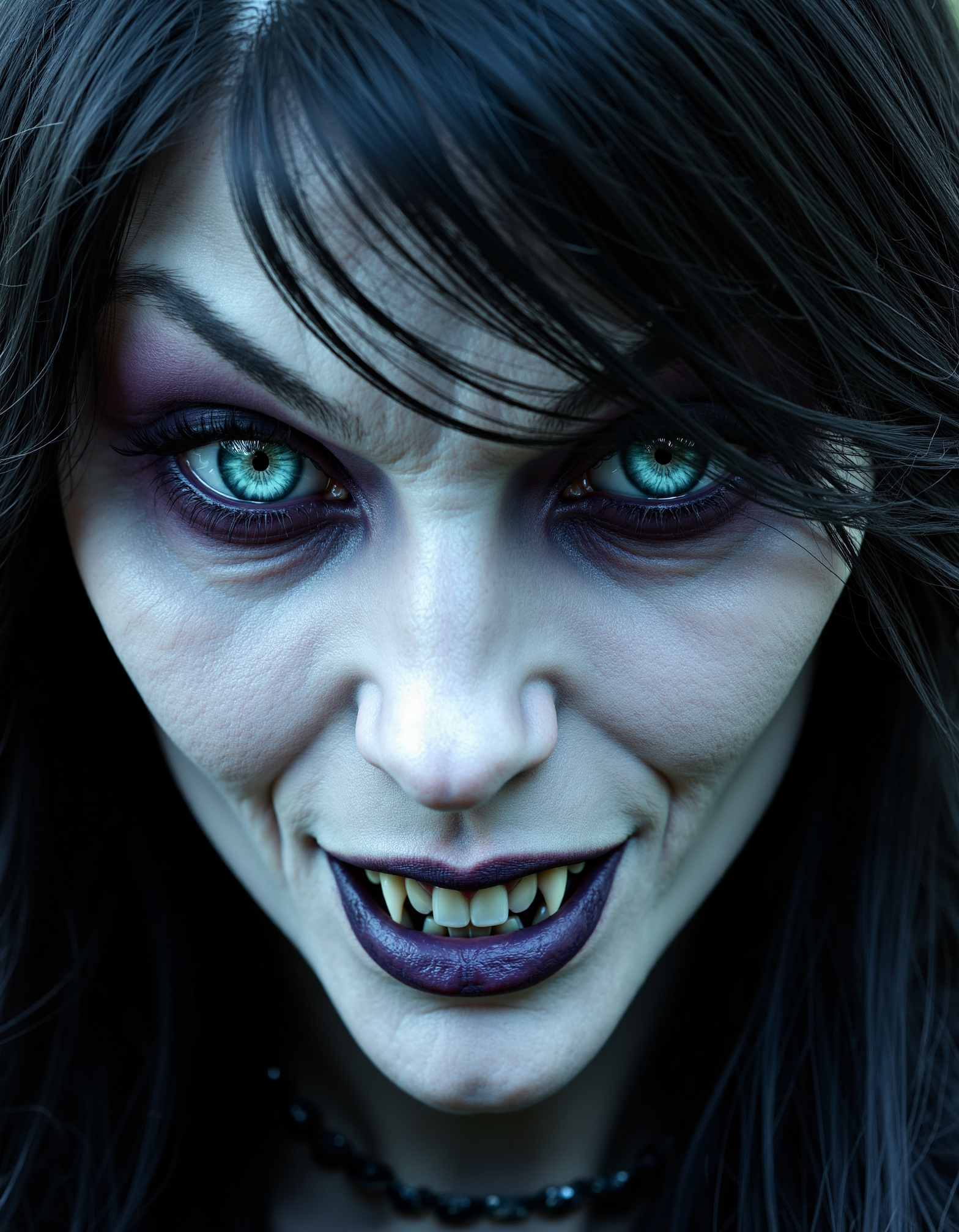 zavy-vmpr, Extreme close-up of a pale, angular face framed by cascading raven-black hair, piercing emerald eyes glistening with a dark intensity, a smirk revealing dangerously elongated canines, gothic surrealism with intricate shadows enhancing facial features, deep violet and midnight blue hues contrasted with hints of silver to evoke an eerie yet captivating aura.