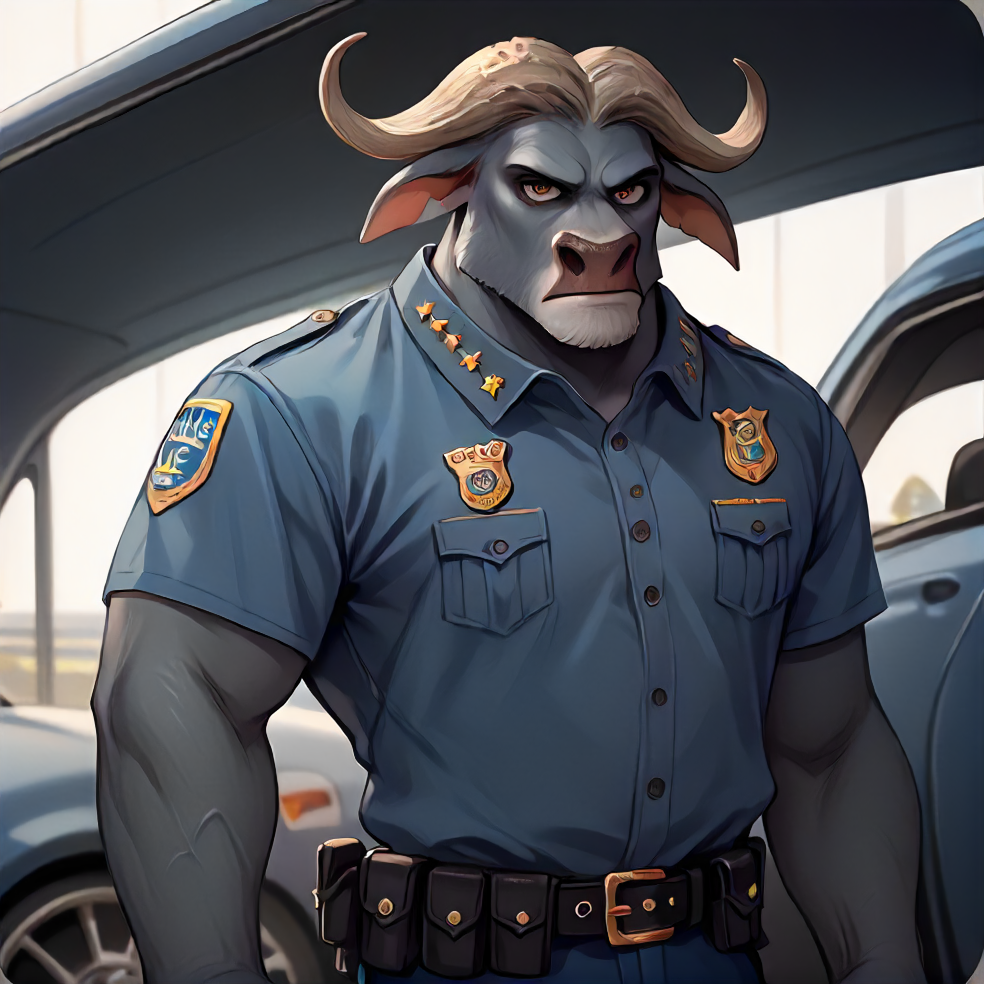 score_9, score_8_up, score_7_up,  <lora:Bogo:0.9> bogo, buffalo, 1boy, solo, police uniform, standing, entire body in frame, police car, leaning on police car, looking at viewer