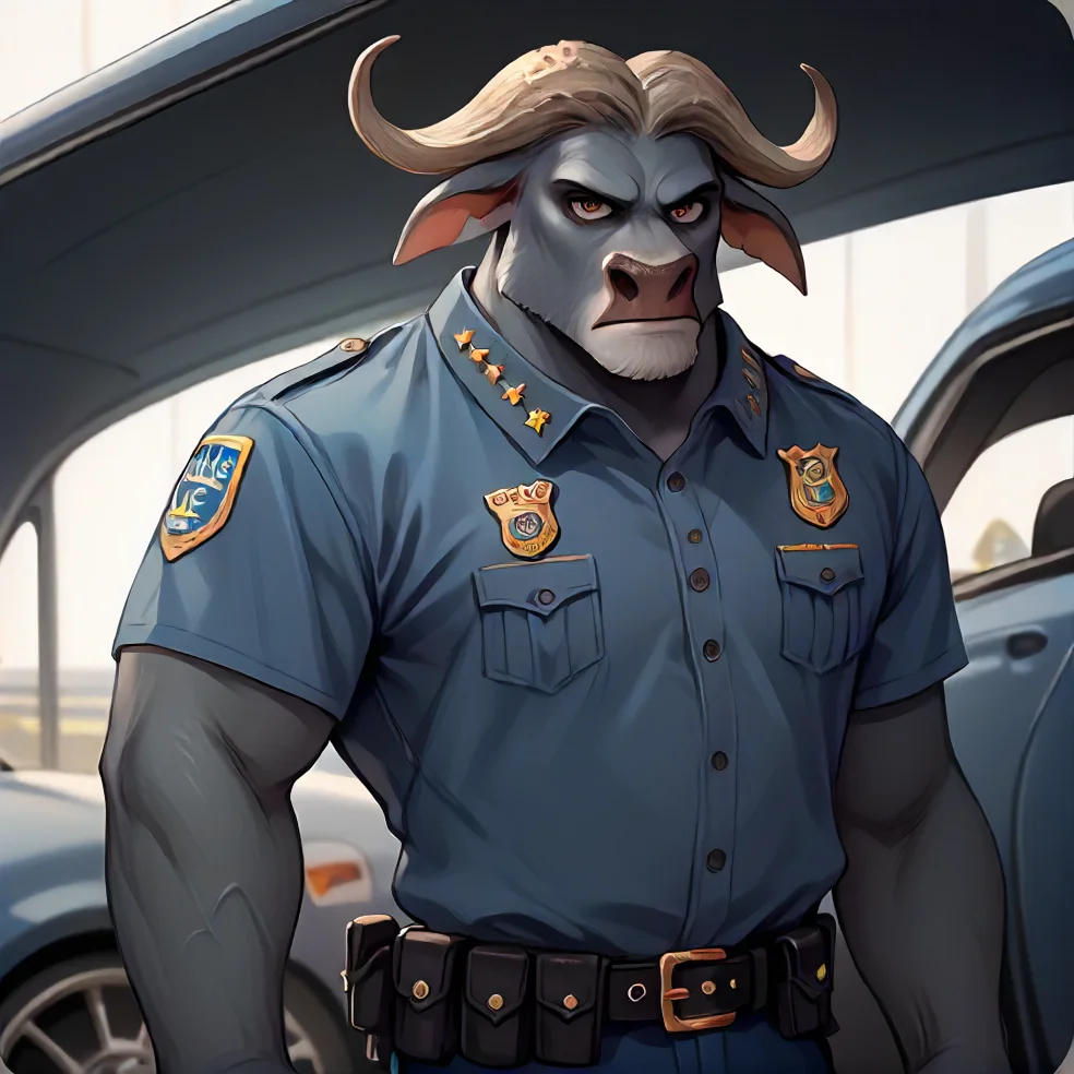 score_9, score_8_up, score_7_up,  <lora:Bogo:0.9> bogo, buffalo, 1boy, solo, police uniform, standing, entire body in frame, police car, leaning on police car, looking at viewer
