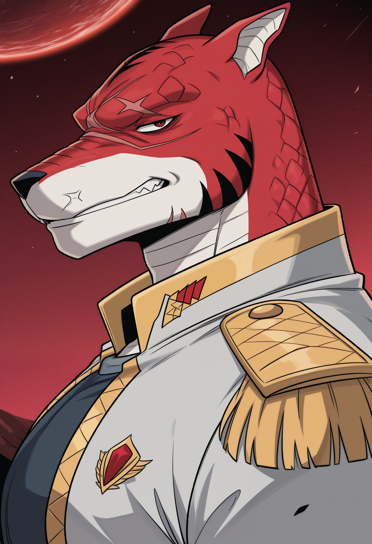 masterpiece,best quality,amazing quality, 1boy, solo, d4yn3, furry, red scales, scar on face, red eyes, military uniform, epaulettes, close up, side angle, looking at viewer, smirk, red planet, 