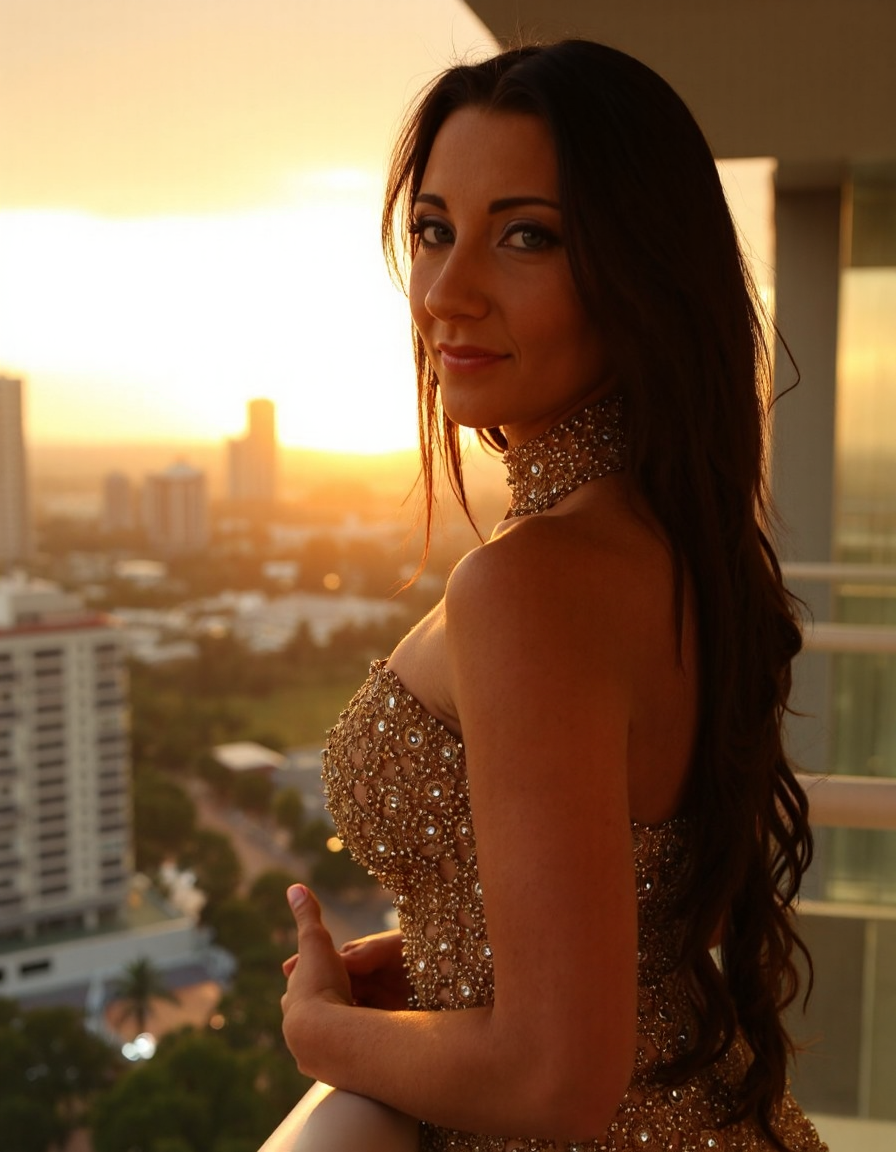 Subject: A woman standing on a luxurious, penthouse balcony overlooking a breathtaking cityscape at sunset.
Lighting: Warm, golden light from the setting sun casting a dramatic ambiance.
Camera Angle: Low angle shot, looking up at the woman's face as she gazes out at the viewer.
Composition Style: Leading lines of the city skyline converge to her eyes.
Clothing: Turtleneck, long-sleeved evening gown in metallic gold with beaded embroidery.