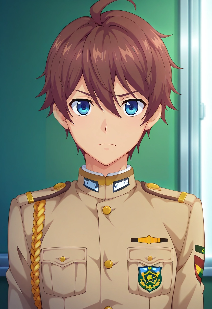 masterpiece, best quality, intricate details, anime screencap, , , looking at viewer, , 1boy, solo, male focus, <lora:seto_aihara_ilxl:0.96>, seto_aihara, brown hair, blue eyes, short hair, ahoge, uniform, ,