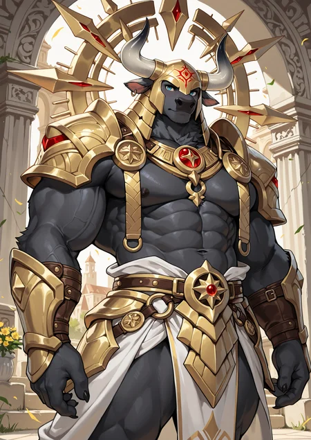 male furry,bara,Muscles,perfect anatomy,huge biceps,handsome,huge chest,adult,mature,smooth,
A foreboding armored figure with glossy black carapace-like plates accented with elegant gold trims dominates the composition,its helmet boasts a striking gold-adorned circular crest,with two prominent thick horns,and intricate symbols are etched in a halo-like formation above the crest,all set against a backdrop of dark towering structures,
huge weapon,ox,Ancient Greek architecture,
BREAK masterpiece, best quality, very aesthetic, high quality, newest, very awa, detailed fur texture,5fingers,claws,