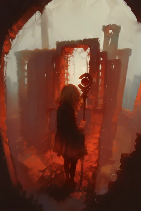 masterpiece, best quality, very aesthetic, dynamic composition, , angle from above,Depth through atmosphere,laughing,Standing, 1girl, megumin, brown_hair, holding_staff, ruins, solo, building, outdoors, standing, post-apocalypse, facing away, pantyhose, city, sketch, traditional media, abstract, abstract background, painting \(medium\), no lineart