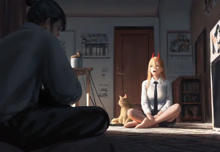 (newest, recent,:1.3), (guweiz, wlop, pluvium grandis), realistic, year_2024, year_2023, year_2022, year_2021,
absurdres, highres, best quality, masterpiece, very aesthetic,
chainsaw man, kono subarashii sekai ni shukufuku wo!, aqua \(konosuba\), darkness \(konosuba\), denji \(chainsaw man\), megumin, power \(chainsaw man\), 1boy, 1girl, barefoot, black necktie, black pants, blonde hair, calendar \(object\), cameo, cat, collared shirt, door, dress shirt, horns, indian style, long hair, looking at another, necktie, on floor, open mouth, orange hair, pants, red horns, shirt, short hair, sitting, table, television, white shirt