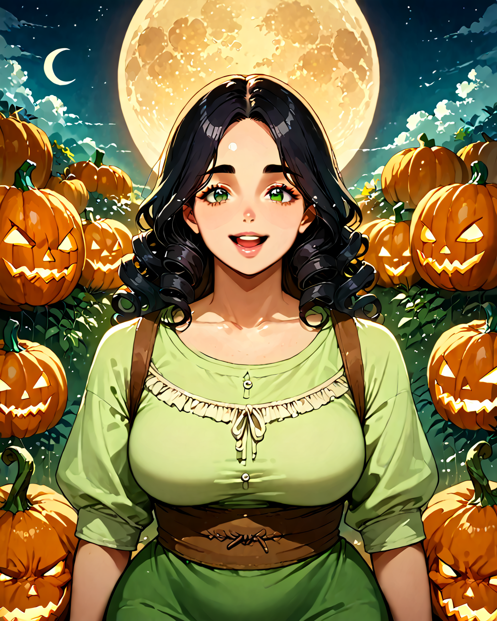 score_9, score_8_up, score_7_up, score_6_up, source_anime, rating_safe, ah1, 1girl, (curly hair), long hair, (black hair), mature female, (parted hair:1.7), (round face), (no_bangs:1.3), (no_fringe:1.6), looking at viewer, (thick eyebrows), (curvy), round-chin, (dark olive green eyes), caucasian, down-turned eyes, <lora:ETO_OCPonyXL:0.5> eto_oc, skindentation, thick thighs, wide hips, petite, busty, voluptuous,  kinky curls, puckered lips, bad-hands-5, (full scorpion), (earth yellow Compete in the medieval archery contest dressed in an archer's tunic with a quiver of arrows), (in Headless Harvester, Cursed farmer, reaping souls with a pumpkin head under the harvest moon), (open smile), <lora:ZootPonyAnime_V1_r2:0.5>, <lora:venus body PonyXL:0.8>,  <lora:detailer_v5:0.5> detailed,
