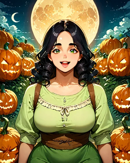 score_9, score_8_up, score_7_up, score_6_up, source_anime, rating_safe, ah1, 1girl, (curly hair), long hair, (black hair), mature female, (parted hair:1.7), (round face), (no_bangs:1.3), (no_fringe:1.6), looking at viewer, (thick eyebrows), (curvy), round-chin, (dark olive green eyes), caucasian, down-turned eyes, <lora:ETO_OCPonyXL:0.5> eto_oc, skindentation, thick thighs, wide hips, petite, busty, voluptuous,  kinky curls, puckered lips, bad-hands-5, (full scorpion), (earth yellow Compete in the medieval archery contest dressed in an archer's tunic with a quiver of arrows), (in Headless Harvester, Cursed farmer, reaping souls with a pumpkin head under the harvest moon), (open smile), <lora:ZootPonyAnime_V1_r2:0.5>, <lora:venus body PonyXL:0.8>,  <lora:detailer_v5:0.5> detailed,